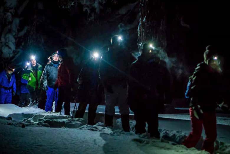 Paseo con raquetas de nieve bajo la aurora boreal